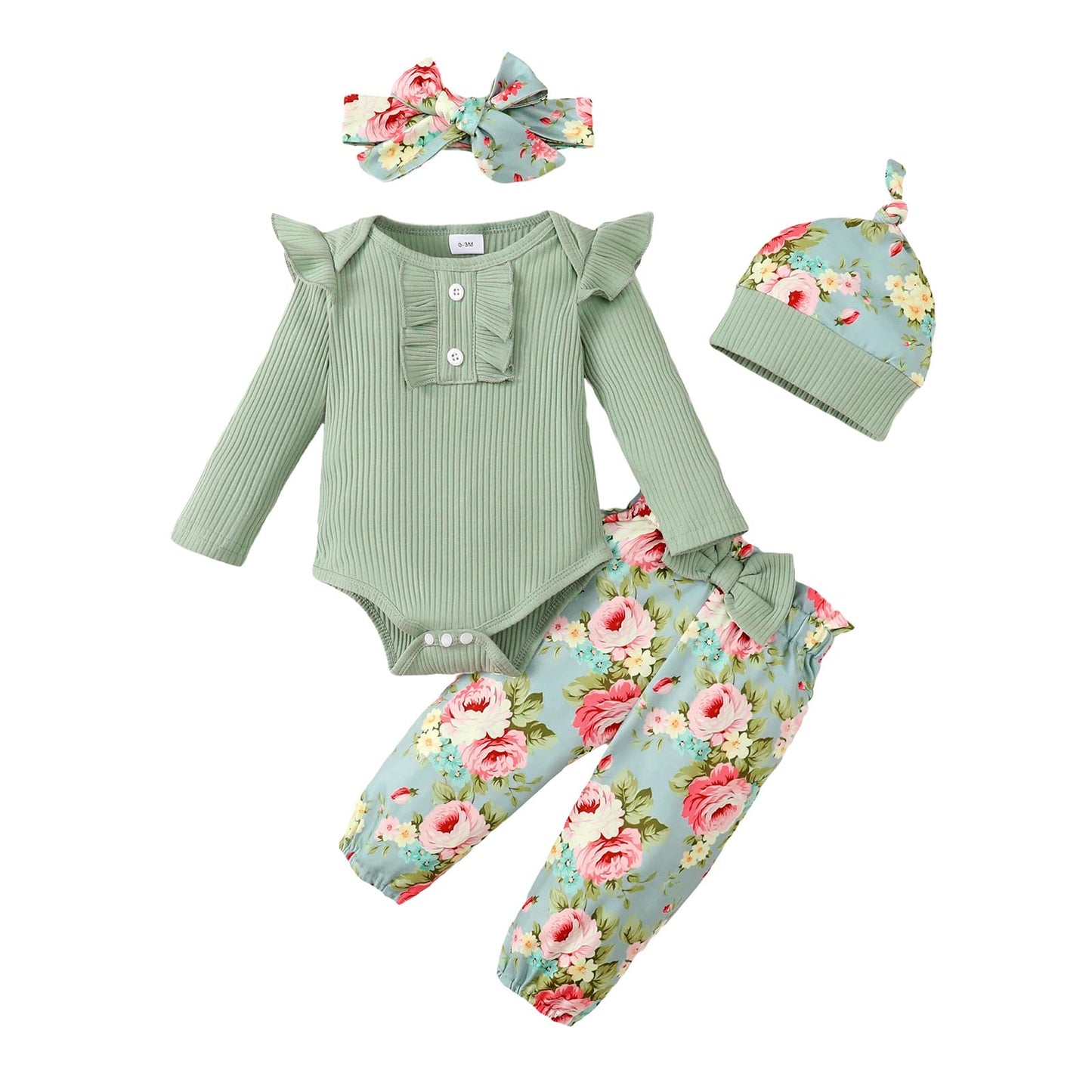 Neugeborenes Baby Mädchen Kleidung Kleinkind Gerippte Rüschen Langarm Strampler + Floral Hosen + Stirnband Nette Herbst Outfit Set