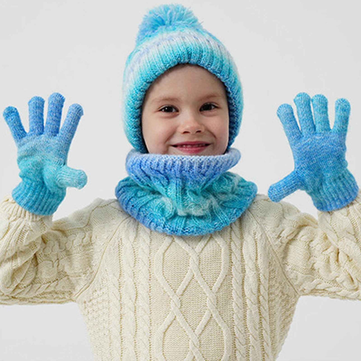 Children's Hat Scarf Gloves Set - 3-in-1 Winter Knitted Hat Scarf and Gloves Set for Children with Pom Pom Beanie, Neck Warmer & Mittens for Boys Girls Age 3-10 Years