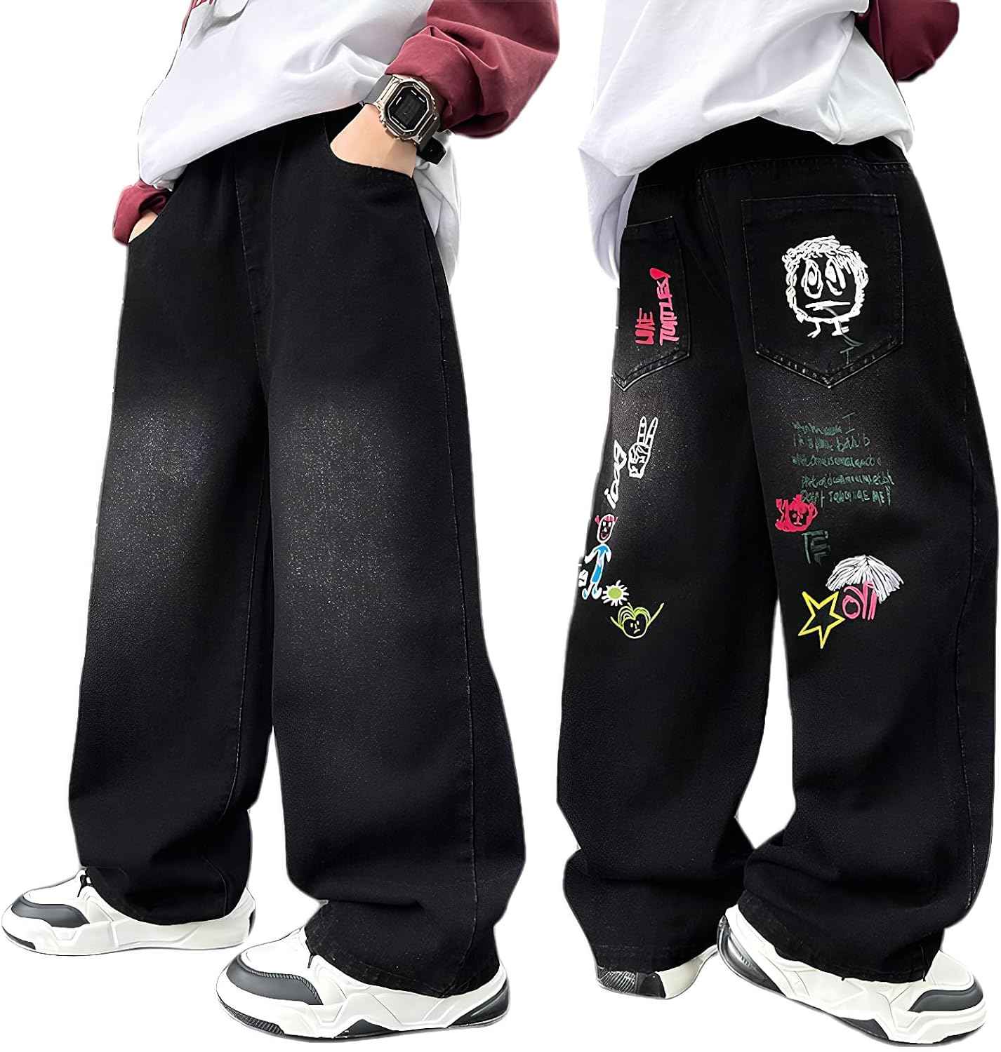 JiAmy Baggy Jeans Jungen Weites Bein Gummibund Denim Jeanshosen Gr.120-170 | Baumwolle Lässige kinder Jeans Jungen Elastischer Freizeithose für 5-14 Jahren