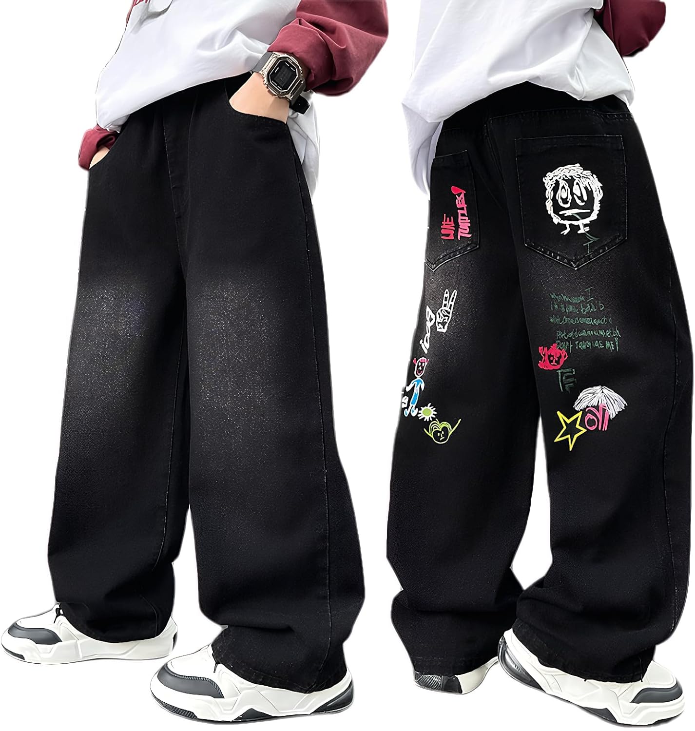 Baggy Jeans Jungen Weites Bein Gummibund Denim Jeanshosen Gr.120-170 | Baumwolle Lässige kinder Jeans Jungen Elastischer Freizeithose für 5-14 Jahren