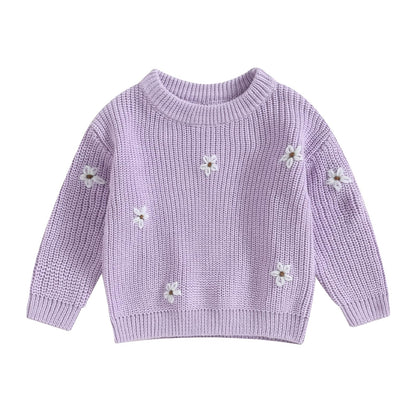 Geagodelia Baby Mädchen Gestrickt Pullover Langarm Rundhalsausschnitt Blume Winter Warm Gerippt Stricken Klobig Top Weich Kleinkind Kleidung Herbst Outwear