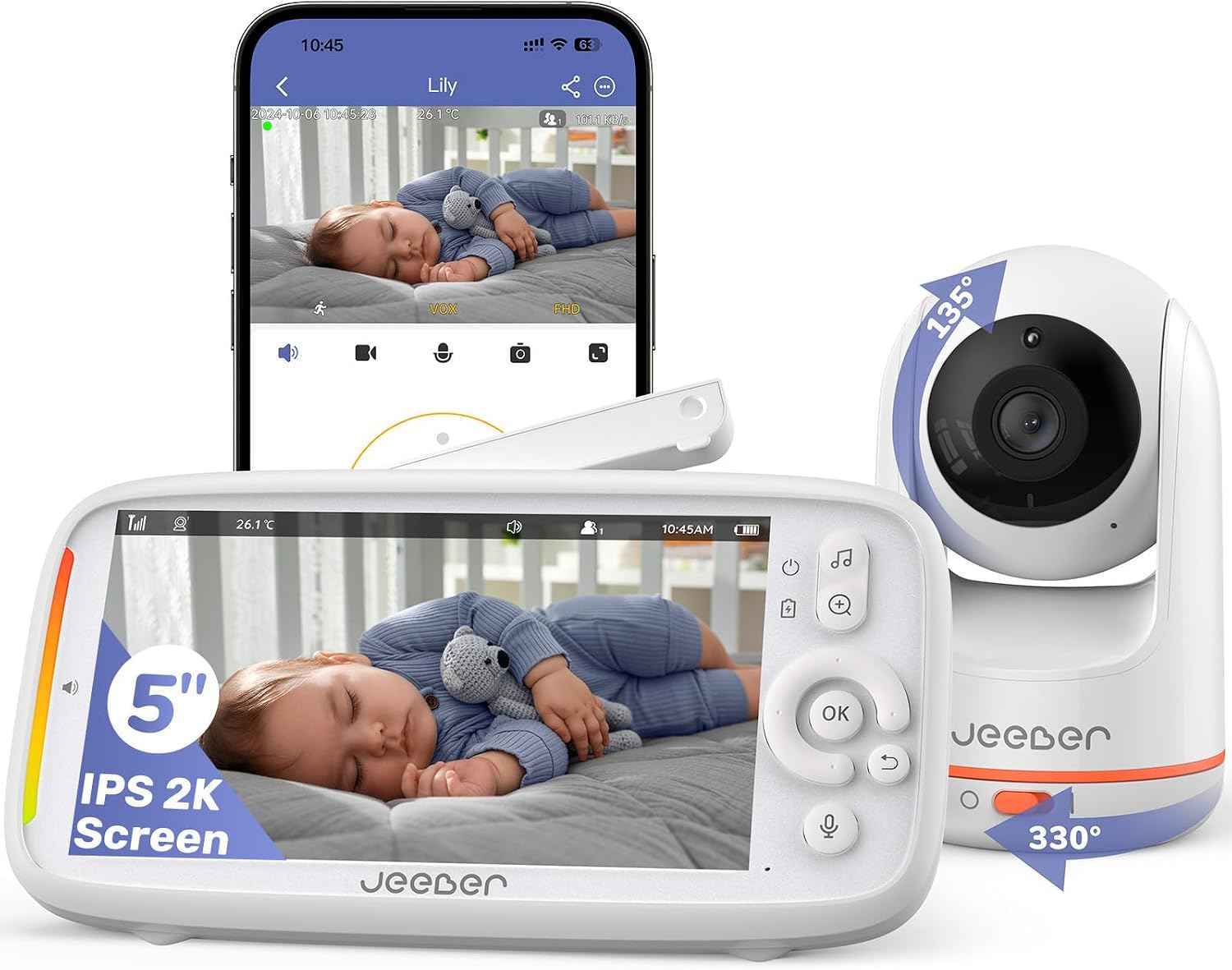 2K WLAN Video-Babyphone mit Kamera, 5" IPS-Display, 330° PTZ | HDR-Nachtsicht, 2-Wege-Audio, VOX, Temperatur, Weinen/Bewegungserkennung, Bereich alarme, Große Reichweite Video Babyphone