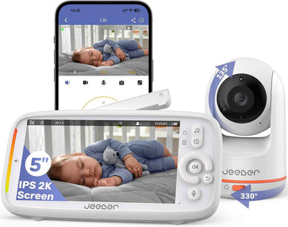 2K WLAN Video-Babyphone mit Kamera, 5" IPS-Display, 330° PTZ | HDR-Nachtsicht, 2-Wege-Audio, VOX, Temperatur, Weinen/Bewegungserkennung, Bereich alarme, Große Reichweite Video Babyphone