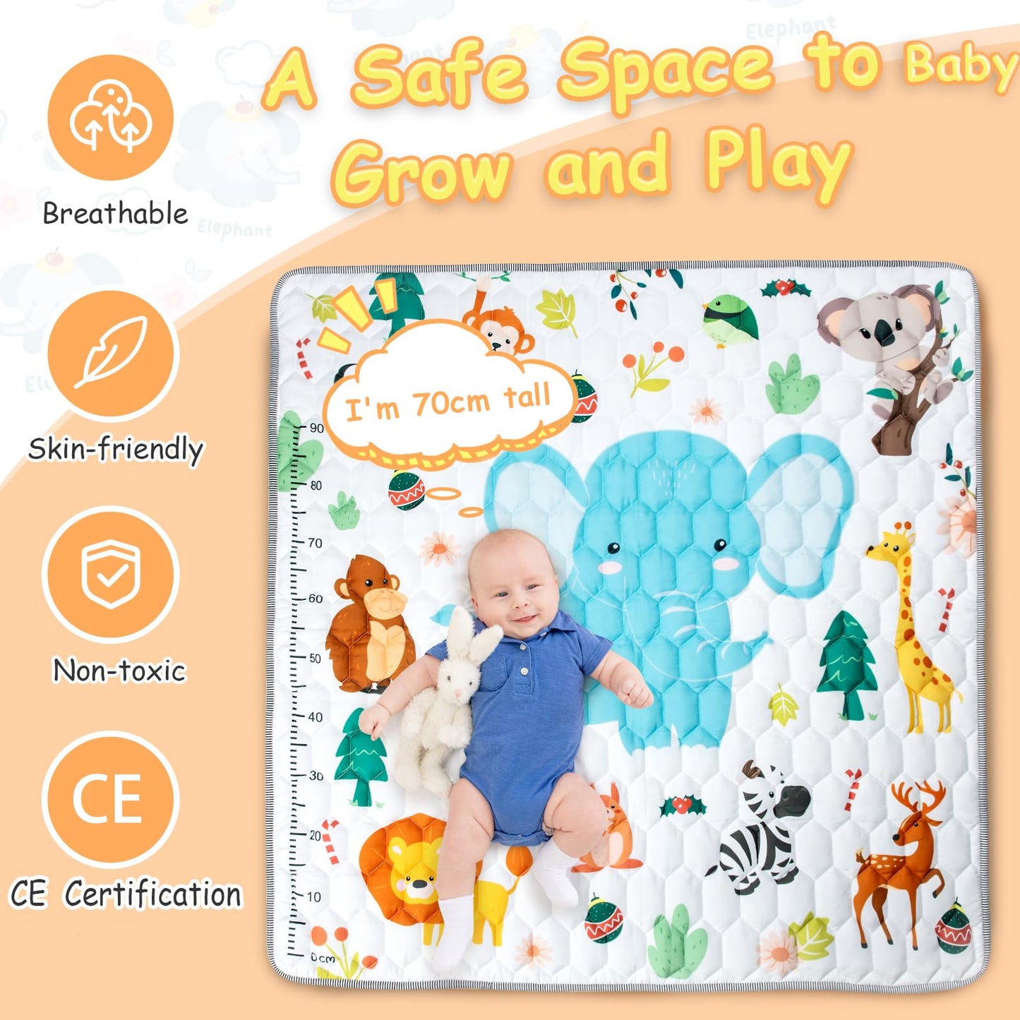 Funsland crawling carpet for babies, non-slip baby play mat, non-toxic 127x127cm, cotton animal crawling mat for babies, foldable with a height ruler, children's play mat for indoors/outdoors/fences 