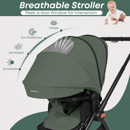 BabyVoyage Kombikinderwagen 2-in-1 ohne Babyschale – Babywanne & Sportsitz, Räder 360° Stoßdämpfer, Federung, höhenverstellbarer Griff, Faltbar, Zubehö-Grün