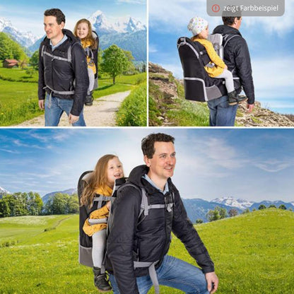 Fillikid Rückentrage - Rücken Babytrage mit Sonnenschutz, Gurt, Kinder Rucksack und Staufächern - Kraxe zum Wandern mit Baby und Kleinkind, bis 18 kg - Blau Grau
