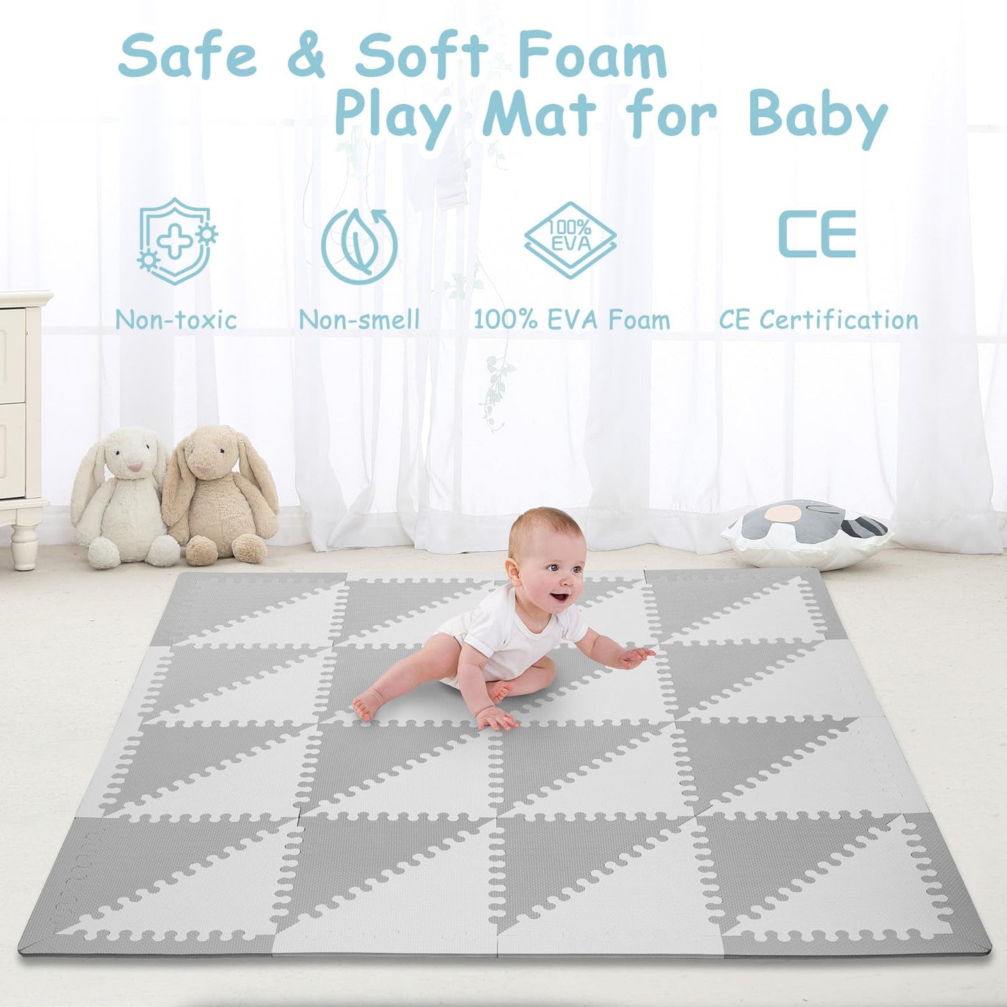 Funsland crawling carpet for babies, non-slip baby play mat, non-toxic 127x127cm, cotton animal crawling mat for babies, foldable with a height ruler, children's play mat for indoors/outdoors/fences 
