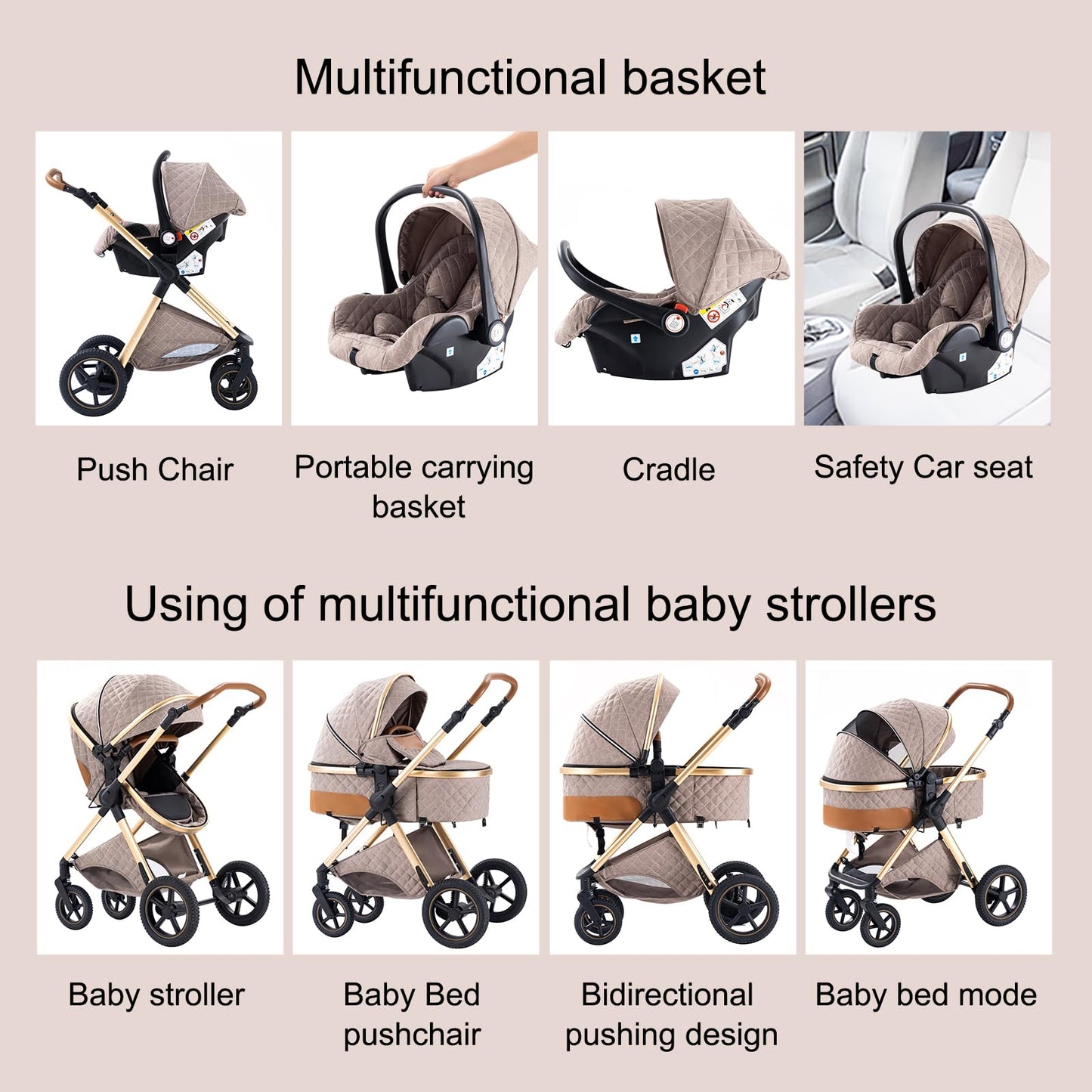 BEBBY 3-in-1 Kinderwagen KombiKinderwagen-Set 2-in-1 Buggy faltbar Luxus Hochlandschaft Neugeborenes Tragbarer Kinderwagen Zusammenklappbarer Kinderwagen Kinderwagen Travel System (D2-DEEPGREY)