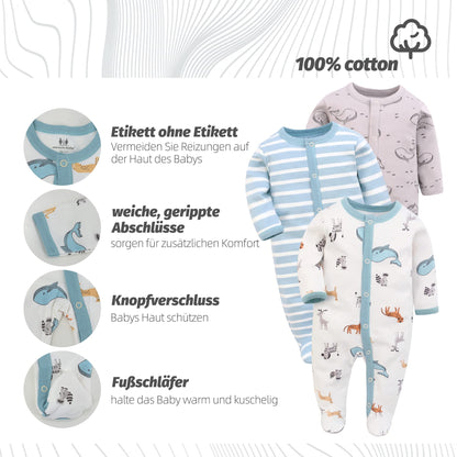 3PCS Baby Schlafstrampler Babychlafanzug Babyschlafsack Baumwolle mit Füßen mit knöpfen Gr. 56 62 68 für Junge Mädchen Neugborenen