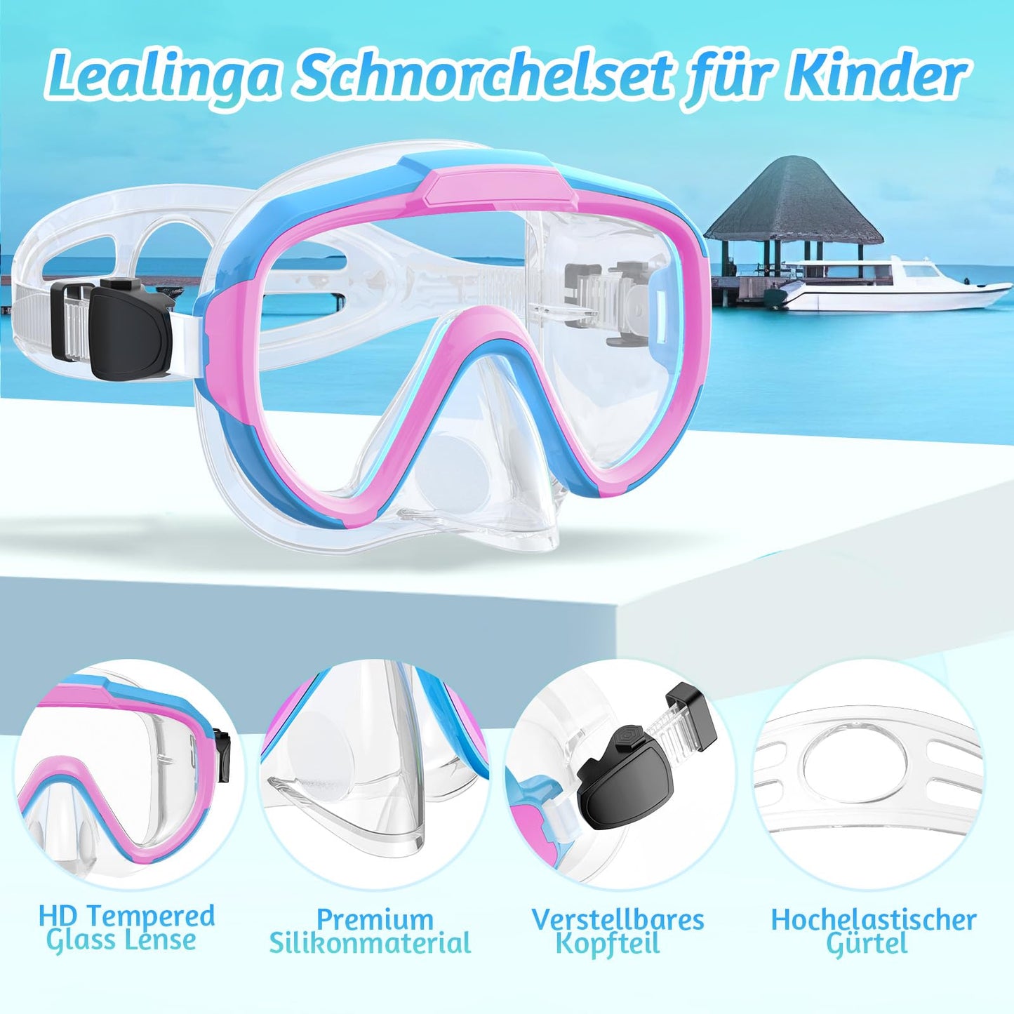 Lealinga Children's Snorkel Set with 180° Anti-Fog Panoramic Wide View Diving Mask and Dry Snorkel Snorkelling Set, Anti-Leak Snorkel Mask with Nose Protection for Boys and Girls
