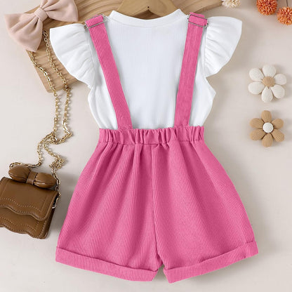 Baby Mädchen Sommer Outfits Rüschen Kurzarm Ripptop+ Blumen/Herzmuster Overalls Shorts Mit Tasche Süßes 2-Teiliges Kleidungsset