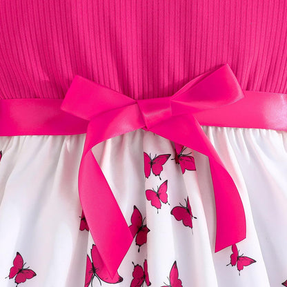 Codkkre Mädchen Kleid Blumen Bowknot Kinder Kleider Rüschenärmel A-Linie Mädchen Kleid Sommer Ostern Mädchen Kleid Rundhals 104 110 116 122 128