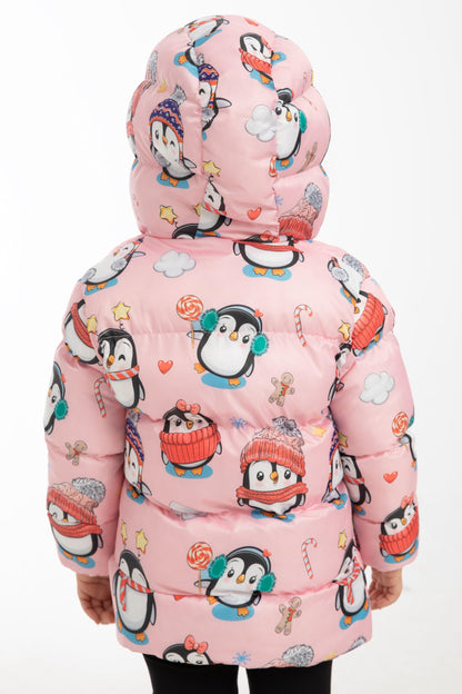 Generisch Wasserdichte Mädchen Winterjacke mit Kapuze – Rosa Jacke mit Pinguin-Muster – Atmungsaktive, Winddichte Übergangsjacke für Herbst und Winter