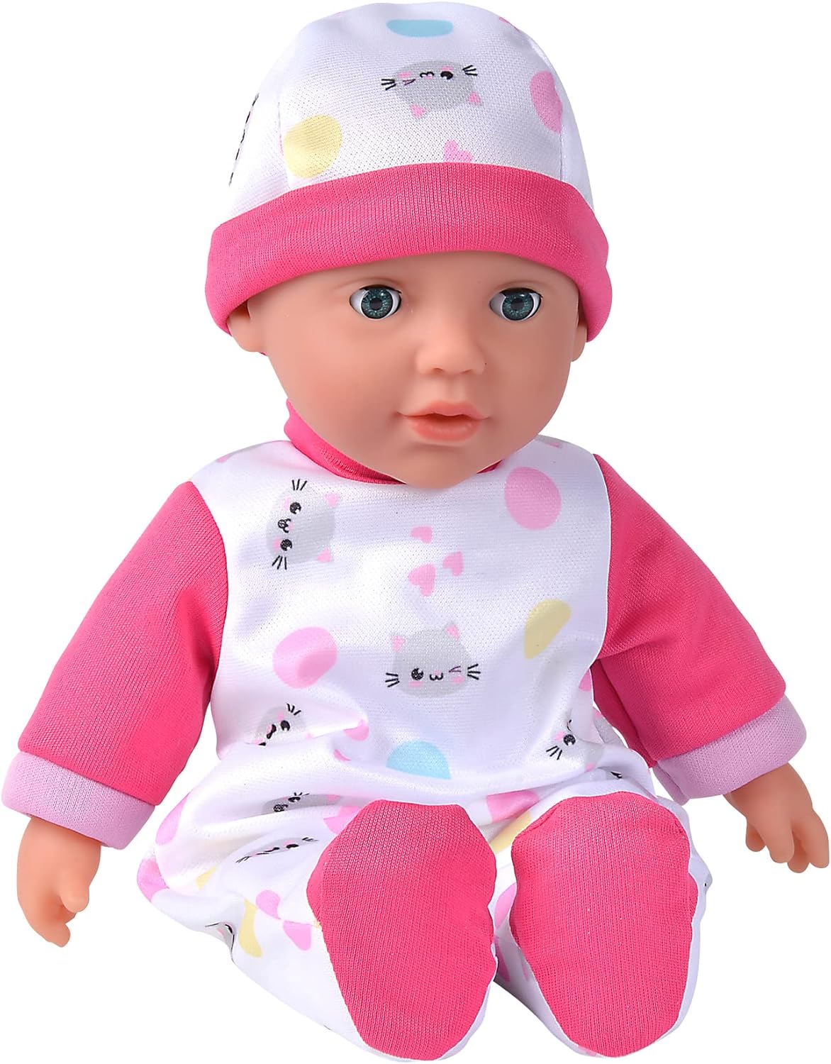 Simba 105140004 - Laura Cutie, Weichkörperpuppe mit Schlafaugen im süßen Kätzchenstrampler, 5 Sounds, 30cm, ab 12 Monaten