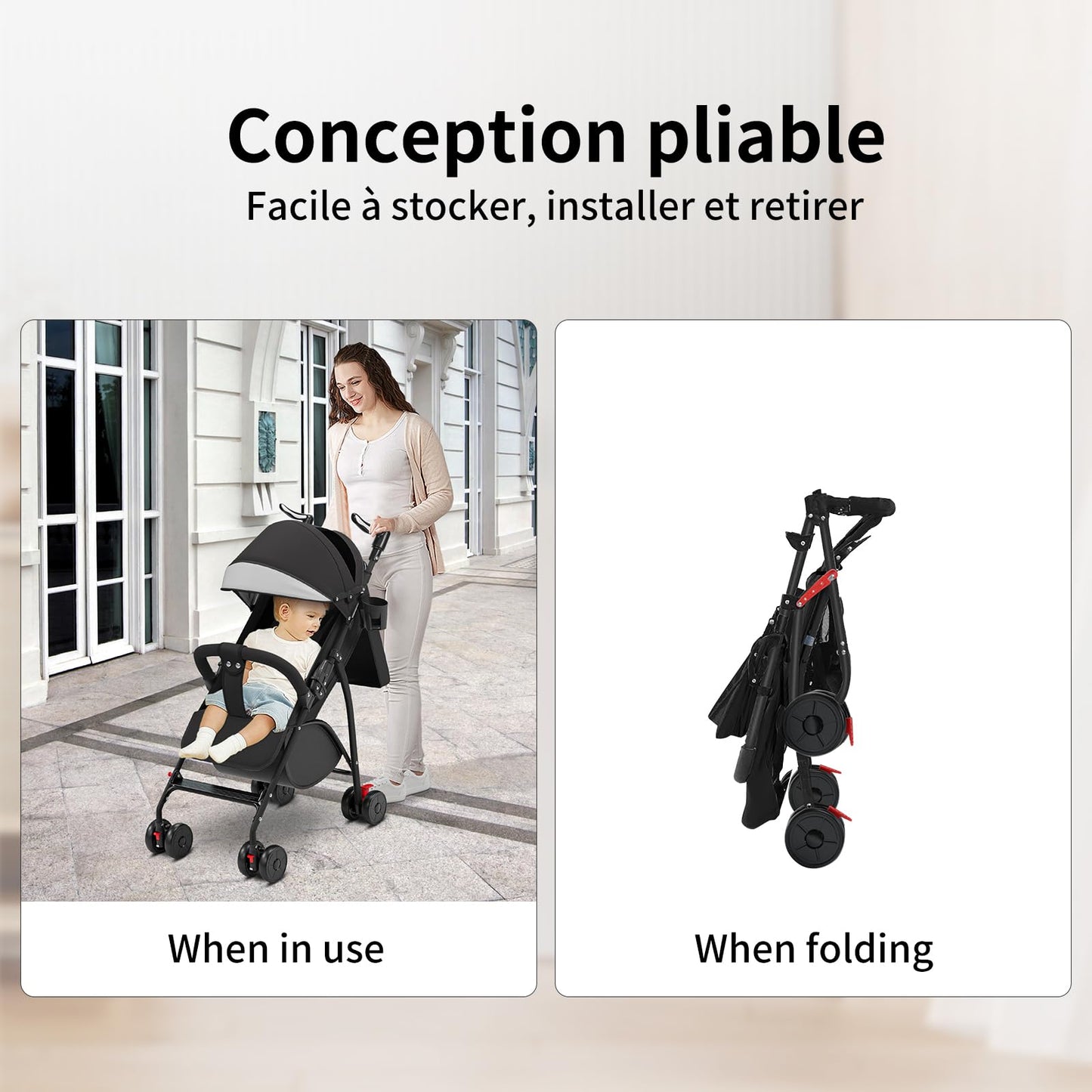 Kinderbuggy, Klein Zusammenklappbar Kinderwagen,Rücken und Fußstützenverstellung,Hinterradbremse,5-Punkt-Gurt,Einfaches Ein-Hand-Falten,Baby Reisebuggy
