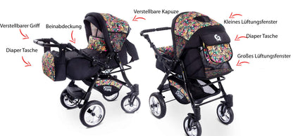 GaGaDumi Urbano Kinderwagen 3 in 1 Komplettset mit Autositz - Baby Stroller 3 in 1 TÜV - Kombikinderwagen 3 in 1 Komplettset Voll-Gummireifen - Blau Schwarz