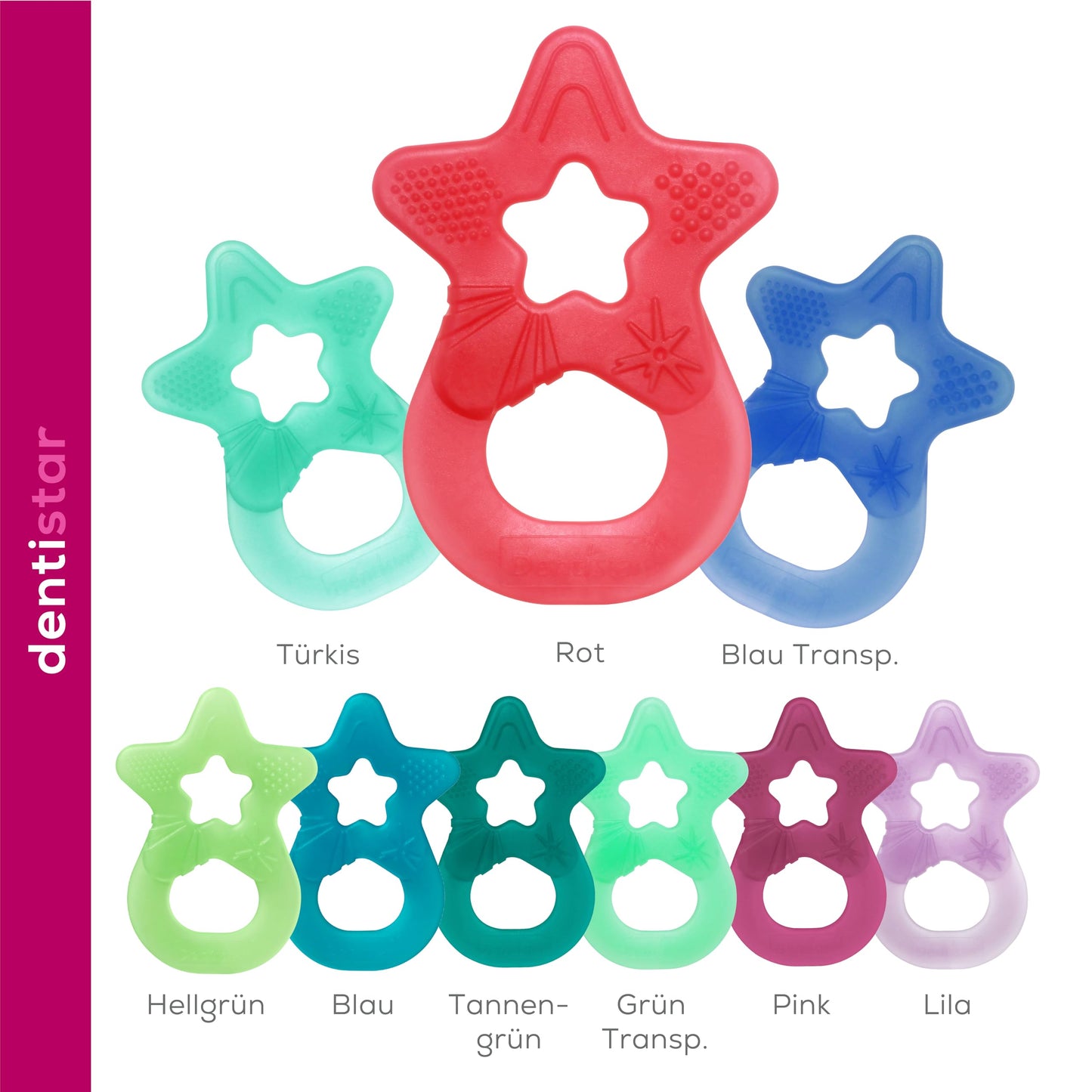 Dentistar Beißring 2er-Set – Teether für Babys & Kleinkinder ab 3 Monate – Baby Beißring mit Griff aus weichem Material zur Zahnungshilfe & Massage – Made in Germany – Pink & Lila