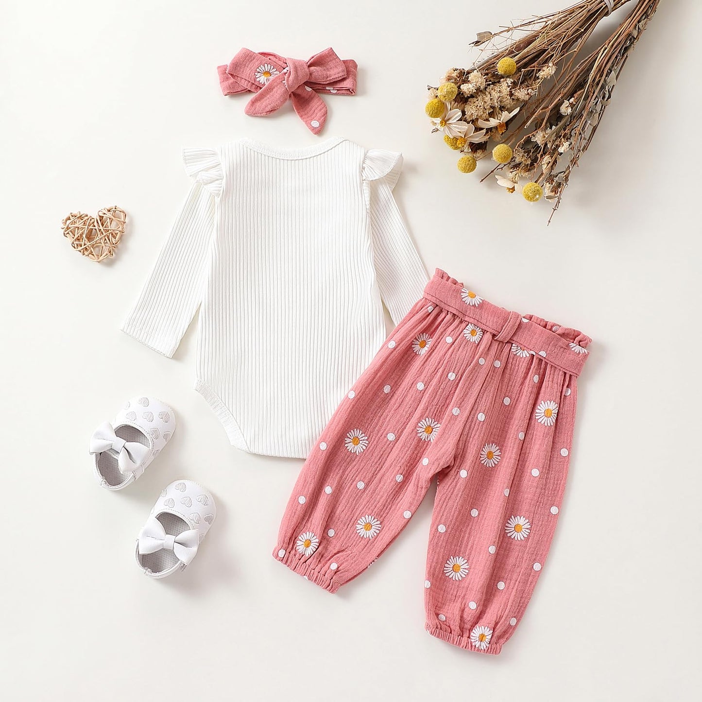 Geagodelia Baby Girl Clothes Baby Clothing Outfit Set Long Sleeve Bodysuit Romper + Daisy Pants + Headband Newborn Soft Baby Set 
