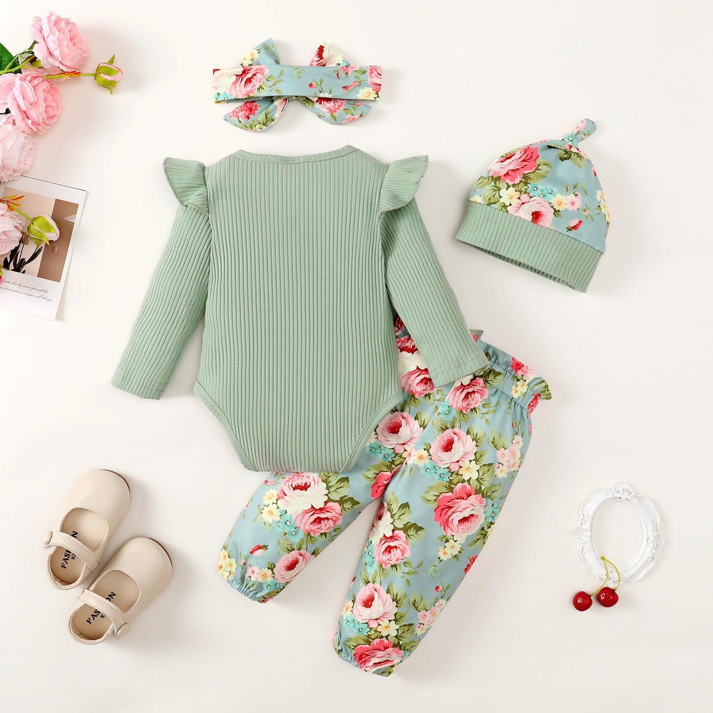 Neugeborenes Baby Mädchen Kleidung Kleinkind Gerippte Rüschen Langarm Strampler + Floral Hosen + Stirnband Nette Herbst Outfit Set