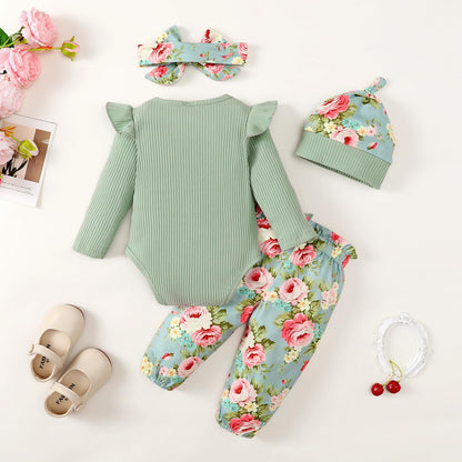 Neugeborenes Baby Mädchen Kleidung Kleinkind Gerippte Rüschen Langarm Strampler + Floral Hosen + Stirnband Nette Herbst Outfit Set