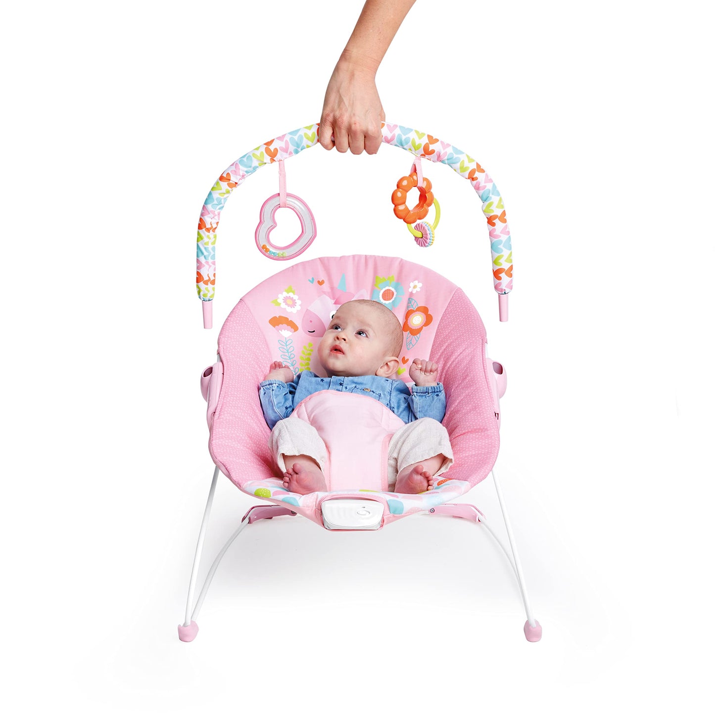 Bright Starts, Babywippe Babyschaukel Safari Fun mit Beruhigenden Vibrationen, Spielbogen mit 2 Spielzeugen, 3-Punkte-Gurt Sitz, Maschinenwaschbares Sitzpolster, ab der Geburt bis 9kg
