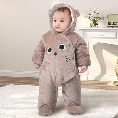 JiAmy Baby-Overall Baby-Strampler Flanell Winter-Strampelanzug mit Füßchen Kapuze Cartoon,Khaki 6-9 Monate