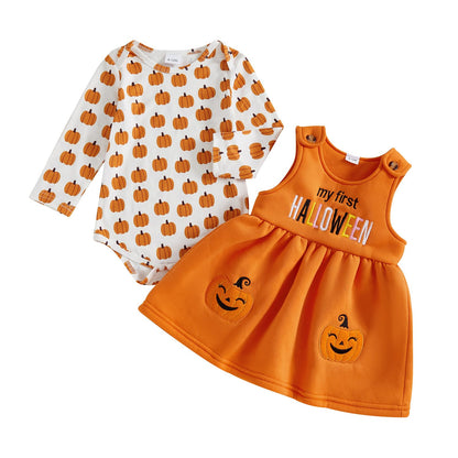 Geagodelia Baby Girl Halloween Clothing Outfit Pumpkin Ghost Baby Clothing Set Body Top + Jumpsuit Dress Newborn Soft Baby Set