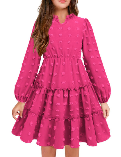 Arshiner Dress Girls Festive Flounce V-Neck Long Sleeve Dress Swiss Dot Chiffon Dress Children Tiered Dress A-Line Party Dress Wedding Princess Dress Swing Skater Dress 5-12 Years 
