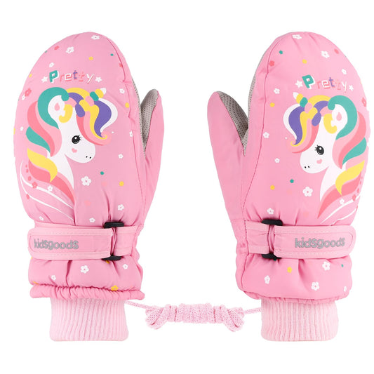 KAKU NANU Children's Winter Gloves 2-10 Years Ski Gloves Waterproof Warm Fleece Cartoon Children's Gloves Mittens with Cord Outdoor Snowboard Gloves Children Boys Girls Blue Red Pink Purple