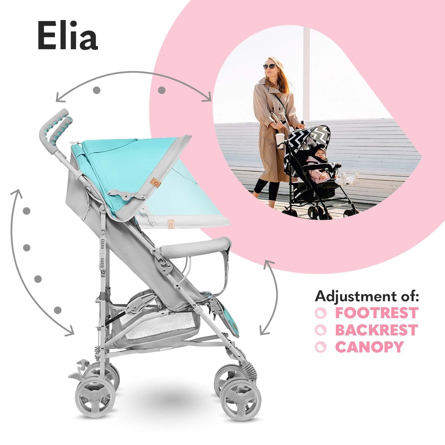 LIONELO Elia Buggy Small Foldable Pushchair up to 15 kg, Back and Footrest Adjustment, Rear Wheel Brake, Mosquito Net, Shopping Basket - Meloni2
