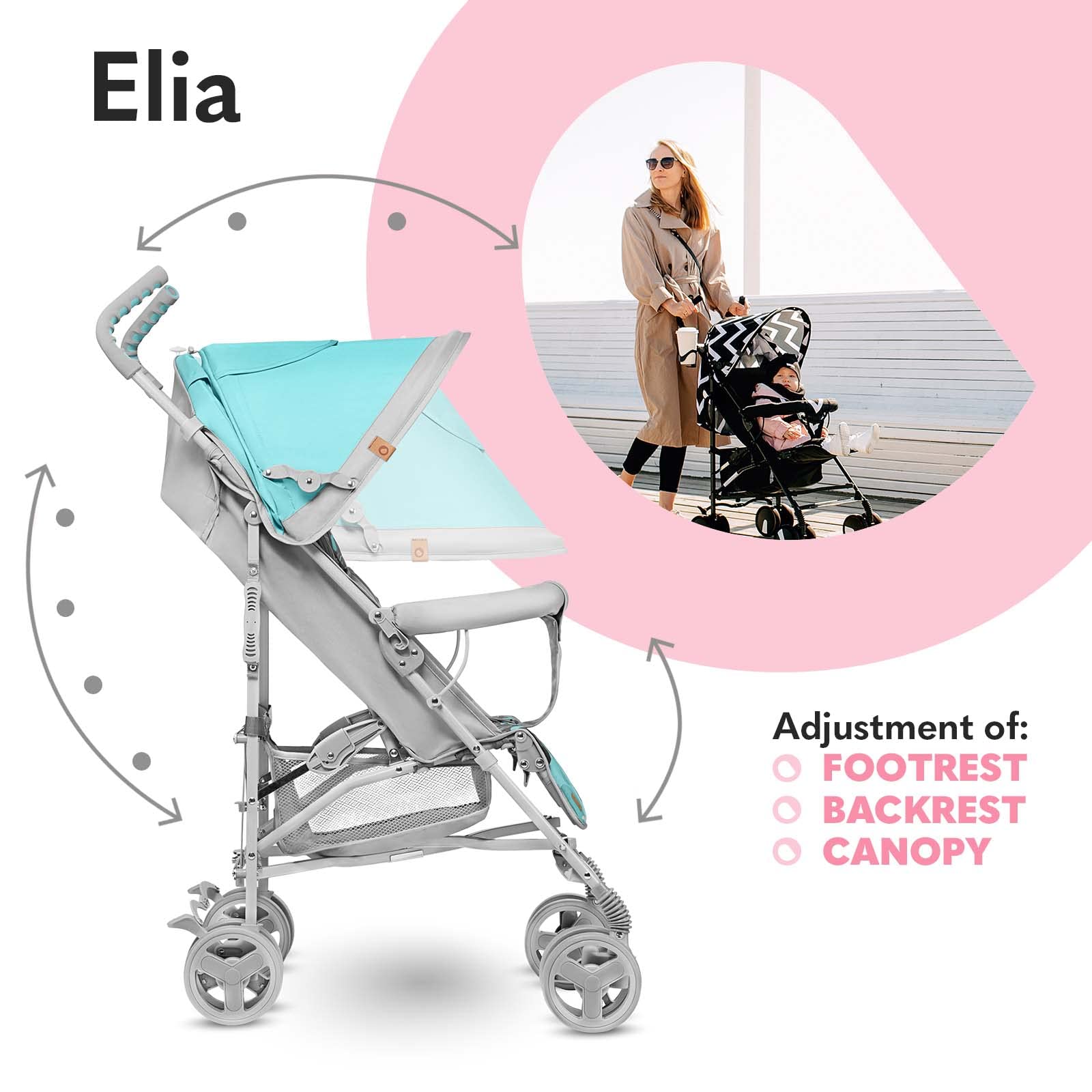 LIONELO Elia Buggy Small Foldable Pushchair up to 15 kg, Back and Footrest Adjustment, Rear Wheel Brake, Mosquito Net, Shopping Basket - Meloni2