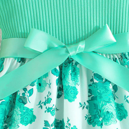 Codkkre Mädchen Kleid Blumen Bowknot Kinder Kleider Rüschenärmel A-Linie Mädchen Kleid Sommer Ostern Mädchen Kleid Rundhals 104 110 116 122 128