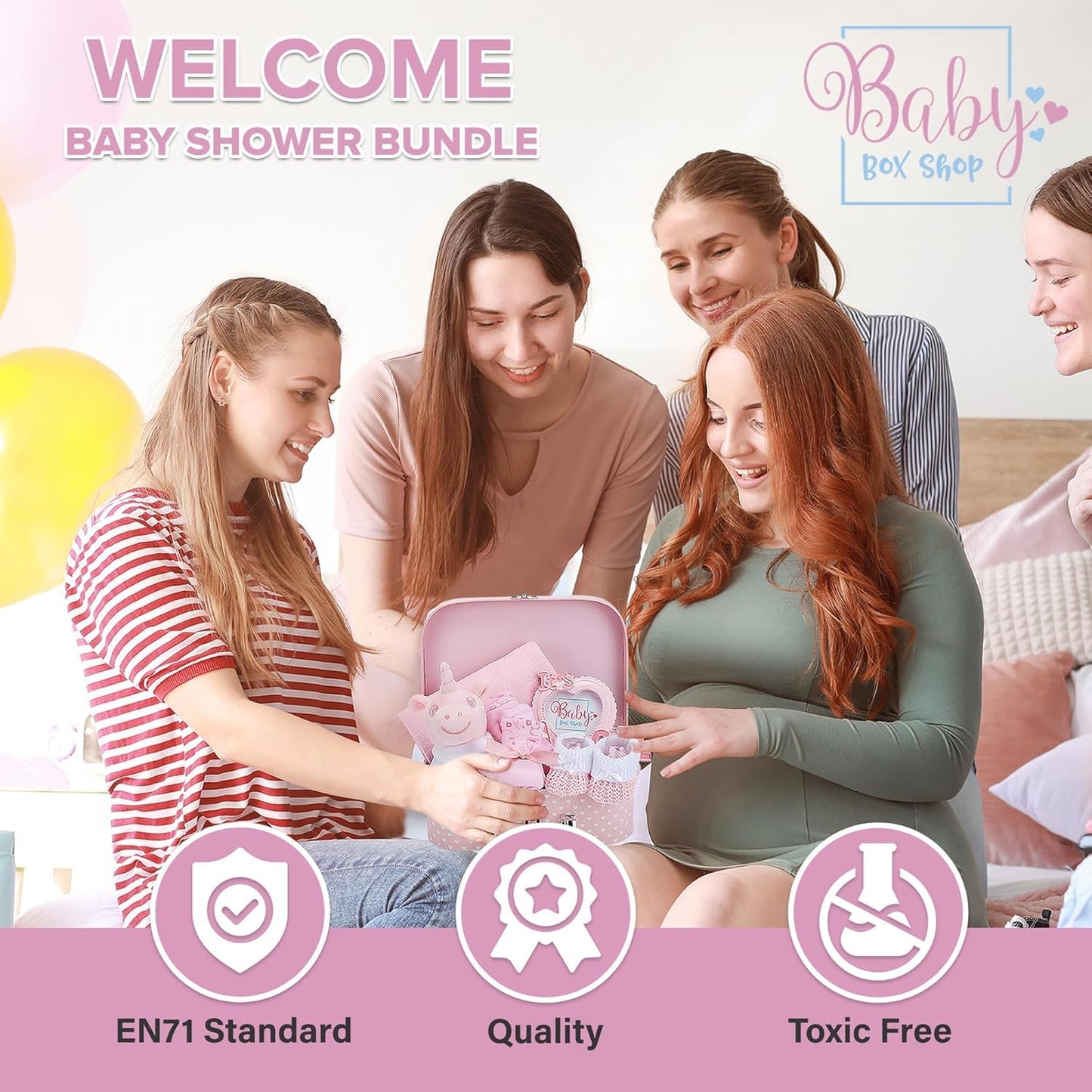Box Shop Babyparty Mädchen Geschenk - 7 Baby Geschenkset, Für Neugeborenes, Zur Geburt - Rosa