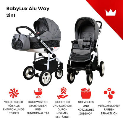 BabyLux® Kinderwagen Set 4 in 1 - Alu Way - incl. Babywanne, Buggy Sportsitz, Auto-Babyschale, ISOFIX-Basisstation - Autositz - Kinderwagenset - Kombikinderwagen mit Wickeltasche usw.