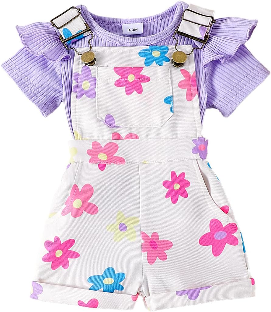 Baby Mädchen Sommer Outfits Rüschen Kurzarm Ripptop+ Blumen/Herzmuster Overalls Shorts Mit Tasche Süßes 2-Teiliges Kleidungsset