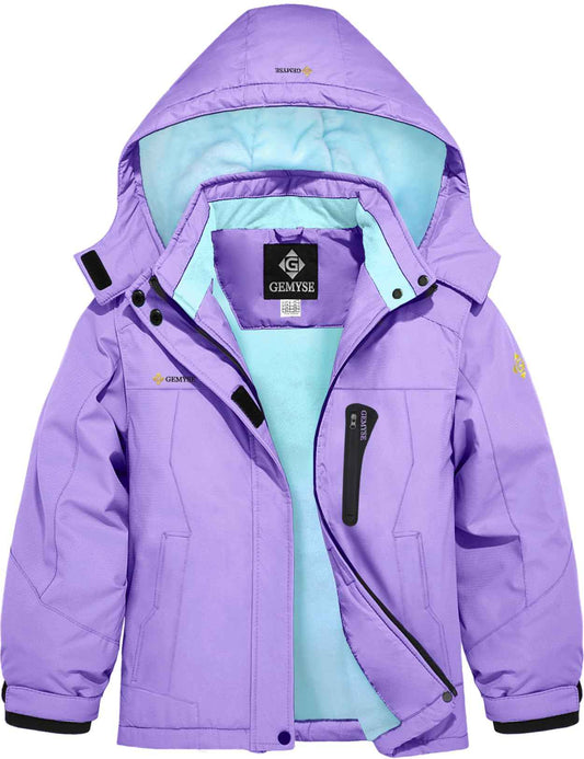 GEMYSE Girls' Waterproof Ski Jacket Windproof Fleece Outdoor Winter Jacket Rain Jacket with Hood
