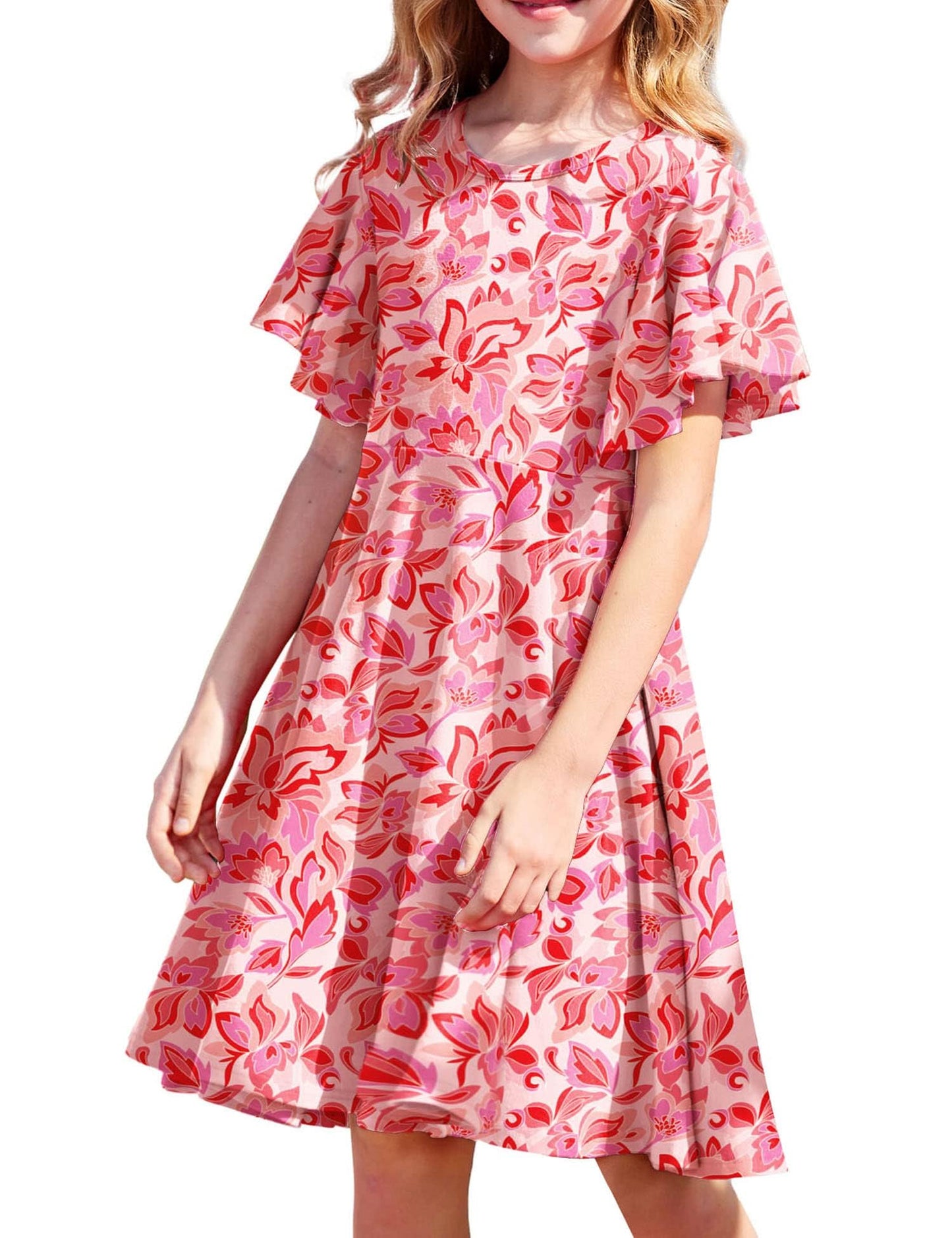 Arshiner Kleider für Mädchen Schmetterlingsärmel Kleid Kinder A-Line Swing Kleid Rundhals Sommerkleid Baumwollekleid Festlich Partykleid Hochzeit Lässige Kinderkleidung mit Tasche