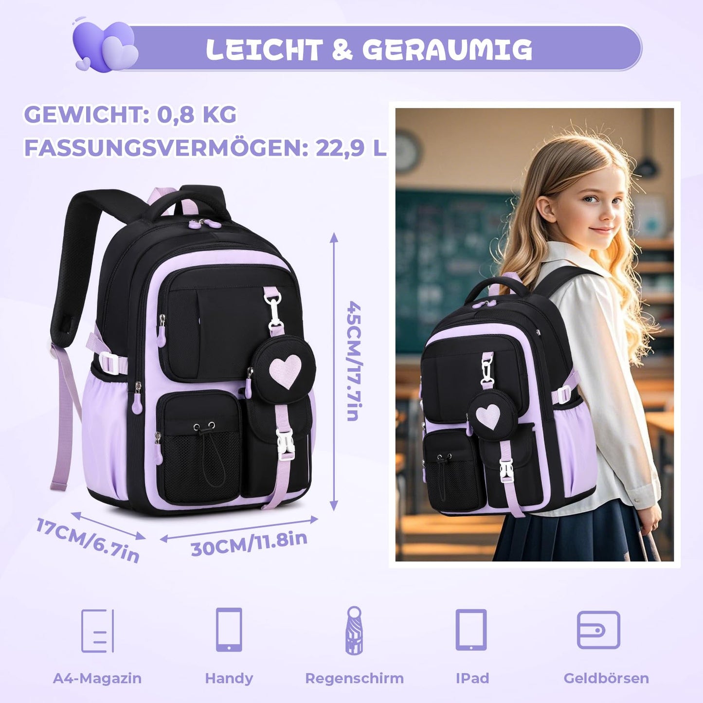 Schulrucksack Teenager Mädchen 22,9L mit Abnehmbarem Münzbeutel | Reflektierende Sicherheitsstreifen,S-förmige Wirbelsäulenstütze,Wasserfestes Gewebe,Wabenbelüfteter Rücken