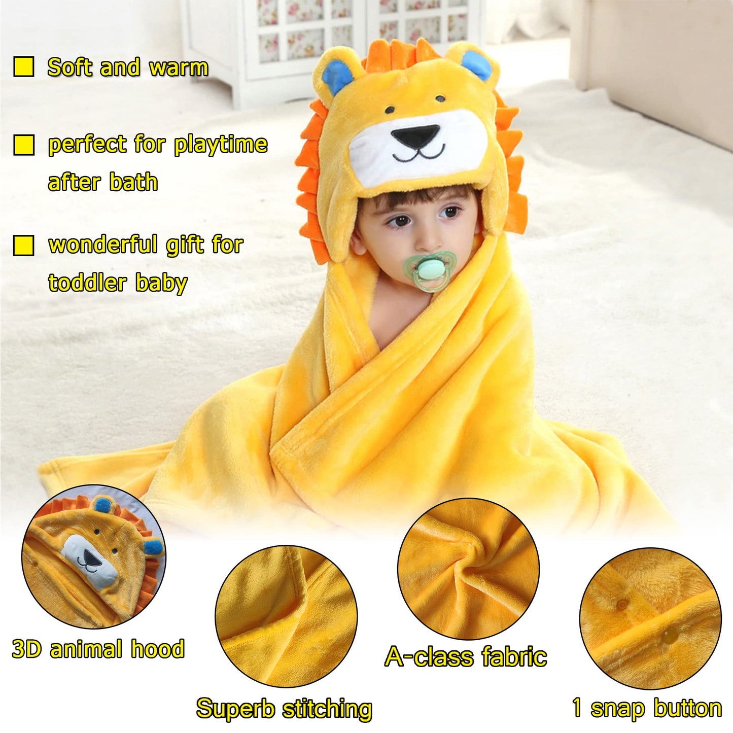 Doladola Baby Decke Babys Tier Design，Flanell Kinder Decke Kapuzenhandtuch für Mädchen und Jungen，Baby Kapuze Badeponcho Kinder Warm（gelbe Ente）
