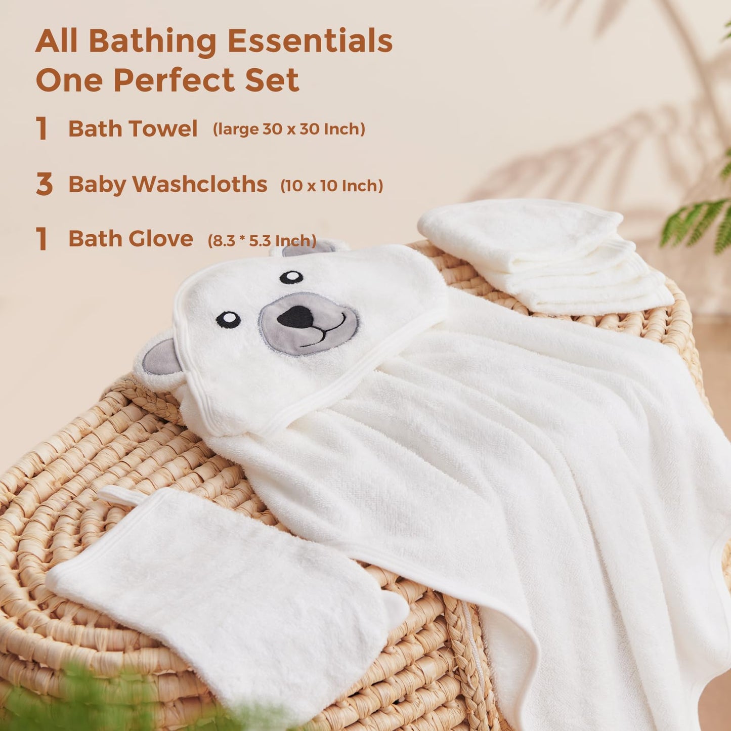 Momcozy Bambus Baby Badetücher Set 5er Pack, Babyhandtuch mit Kapuze , Waschlappen 3 Stück, Baby Bad Handschuh 1 Stück, Extrem Weich, Atmungsaktiv, Geeignet für Mädchen und Jungen
