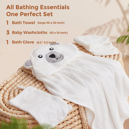 Momcozy Bambus Baby Badetücher Set 5er Pack, Babyhandtuch mit Kapuze , Waschlappen 3 Stück, Baby Bad Handschuh 1 Stück, Extrem Weich, Atmungsaktiv, Geeignet für Mädchen und Jungen