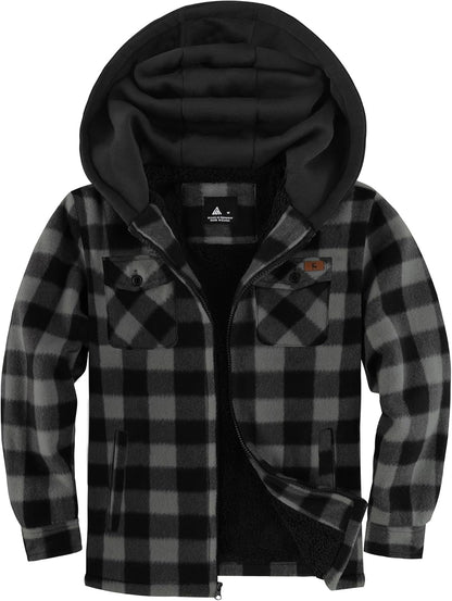 zitysport Shirt Jacket Boys Thick Hoodie Checked Jacket Children with Zip Warm Flannel Jacket Boys Sweat Jacket Outdoor Fleece Jacket Winter Jackets for Boys with Chest Pocket