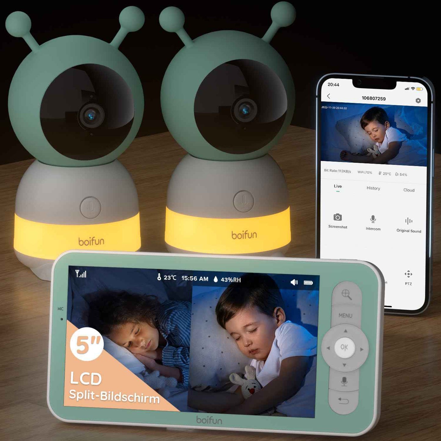 BOIFUN Babyphone mit Kamera 2K, 5-Zoll-Display, 360° PTZ, Nachtlicht | Nachtlicht, IR Nachtsicht, 360° Kamera, Handy, Weinen/Bewegungs/Geräuscherkennung, Bewegungsverfolgung, Temp&Feuchteerfassung