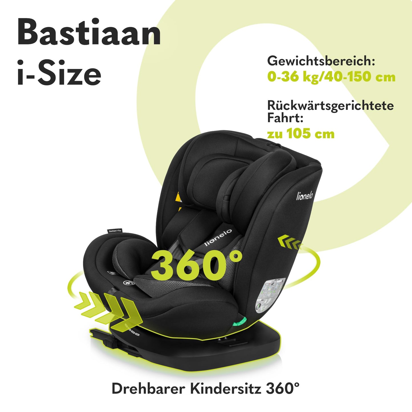 LIONELO Bastiaan i-Size One 360o drehbarer Autositz für Kinder von 40-150 cm, Montage in Fahrtrichtung und entgegen der Fahrtrichtung möglich, ISOFIX Pas TopTether Einstellbare Rückenlehne