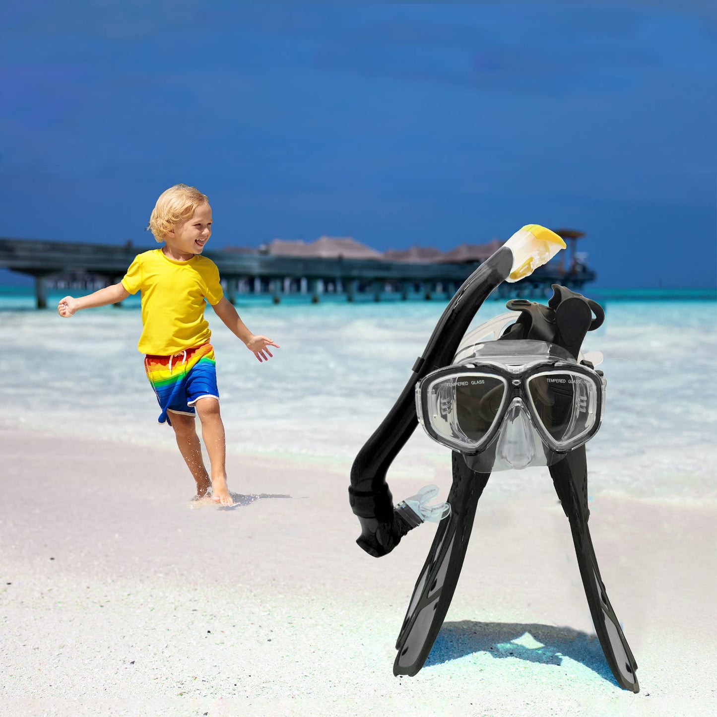 HH HHAO SPORT Children's snorkel set with fins, 180° panorama wide view diving goggles children, adjustable flippers, high-quality diving mask and dry top snorkel