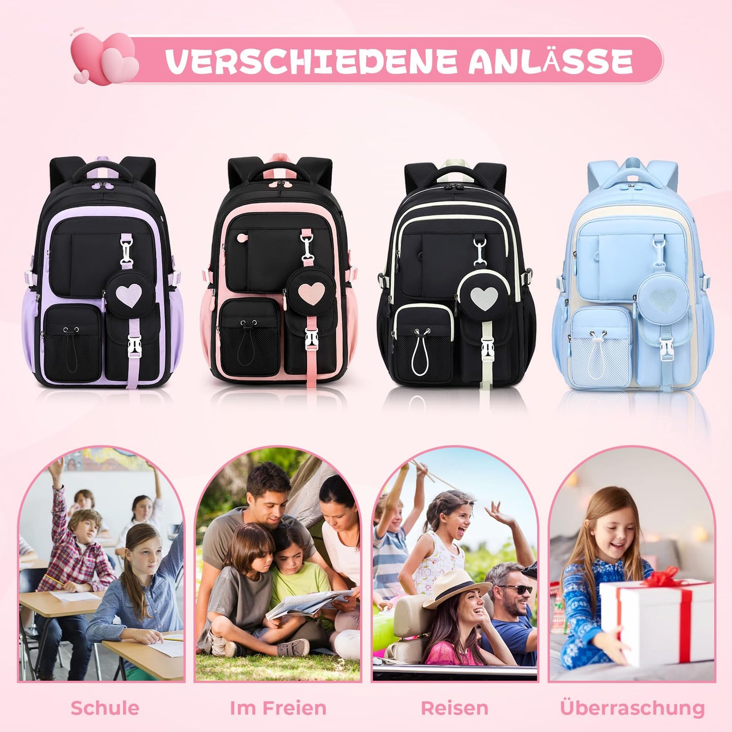 Schulrucksack Teenager Mädchen 22,9L mit Abnehmbarem Münzbeutel | Reflektierende Sicherheitsstreifen,S-förmige Wirbelsäulenstütze,Wasserfestes Gewebe,Wabenbelüfteter Rücken