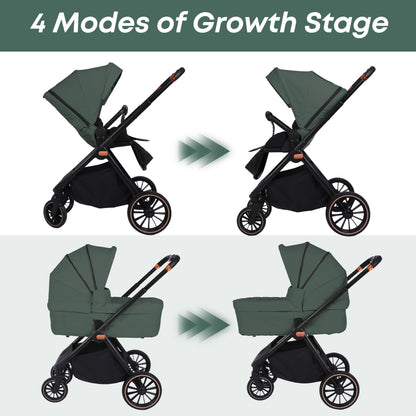 BabyVoyage Kombikinderwagen 2-in-1 ohne Babyschale – Babywanne & Sportsitz, Räder 360° Stoßdämpfer, Federung, höhenverstellbarer Griff, Faltbar, Zubehö-Grün
