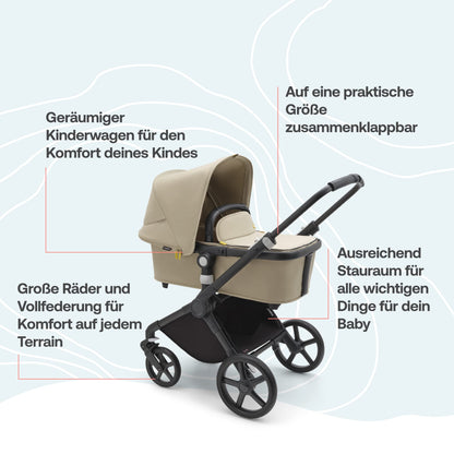 Bugaboo Fox Cub All Terrain Pushchair, Lightweight and Sturdy Pram, Durable Design and Extra Large Sun Canopy, One Piece and Self Standing Foldable - Black