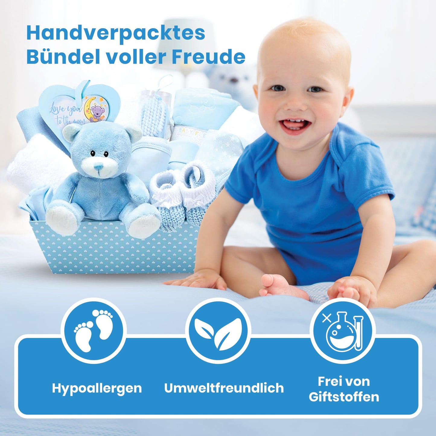 Baby Box Shop 14 Baby Gifts for Birth Boy, Ideal for Baby Showers, Baby Shower Gifts, with New Baby Essentials for Newborn Boys and a Blue Plush Teddy Bear