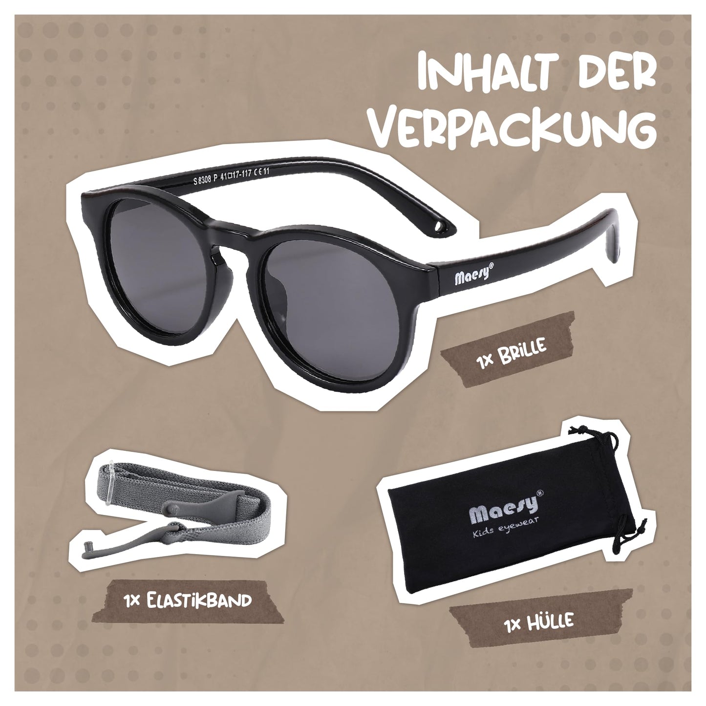 Maesy Kinder Sonnenbrille für Kleinkind und Baby - 1-3 Jahre - UV400 Polarisierter Schutz - Flexibler und Biegsamer Rahmen - Verstellbares Gummiband - Sichere und Bequeme Kindersonnenbrille - Bowi